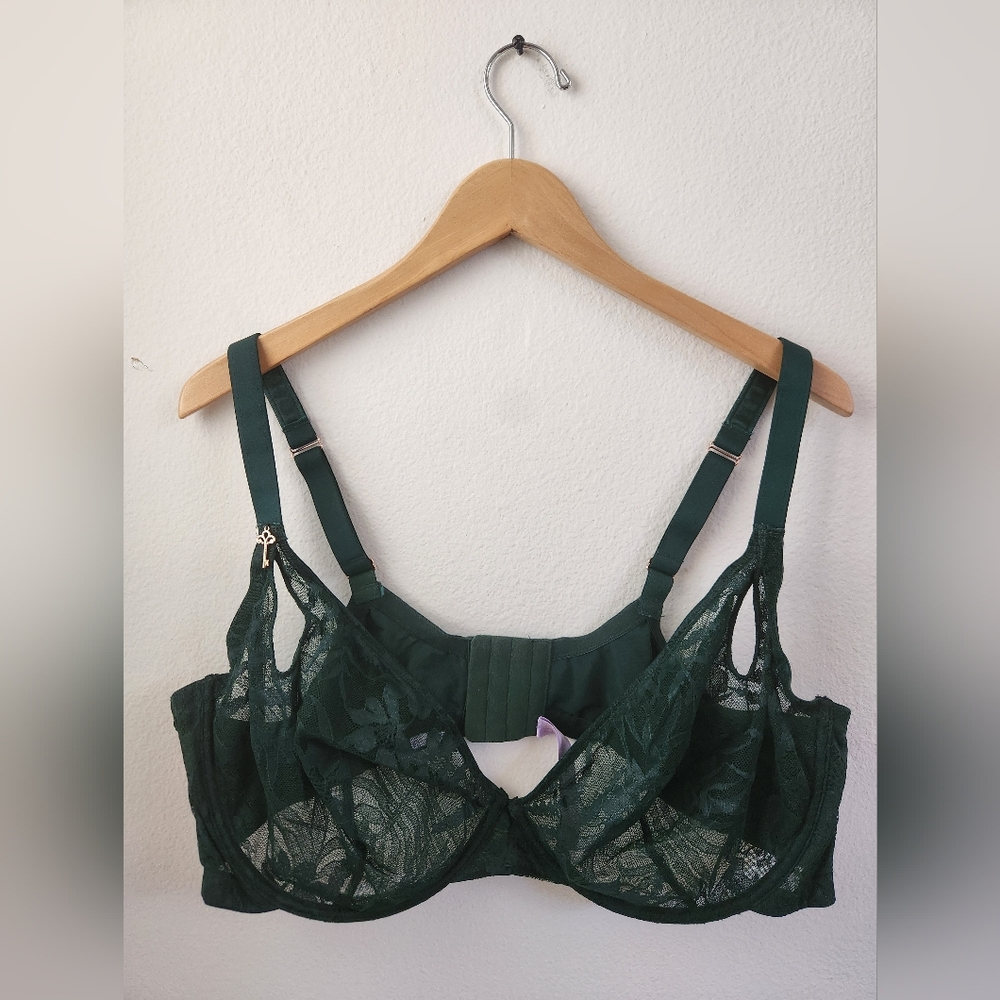 Savage X Fenty Shadowplay Lace Unlined‎ Plunge Underwire Bra Emerald Green 46DDD
